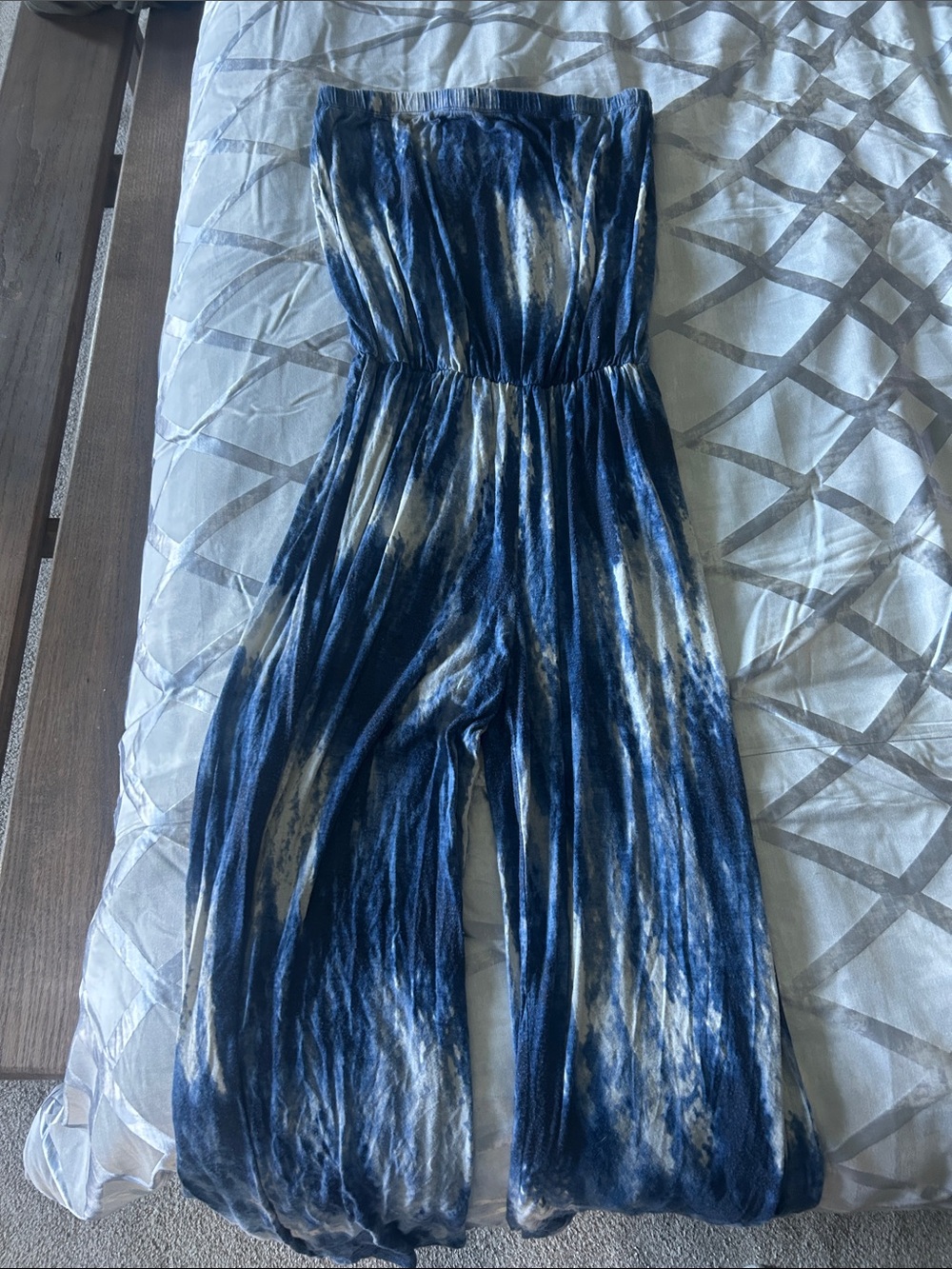 Strapless Tie-Dye Jumpsuit in Navy and Cream
